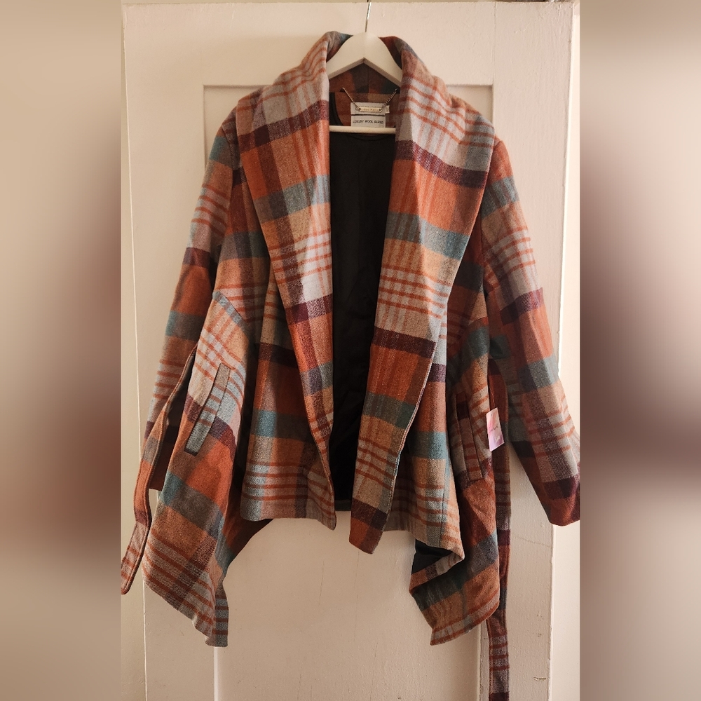 Wool Plaid Wrap Jacket with Belt NWT Plus Size - Picture 3 of 6